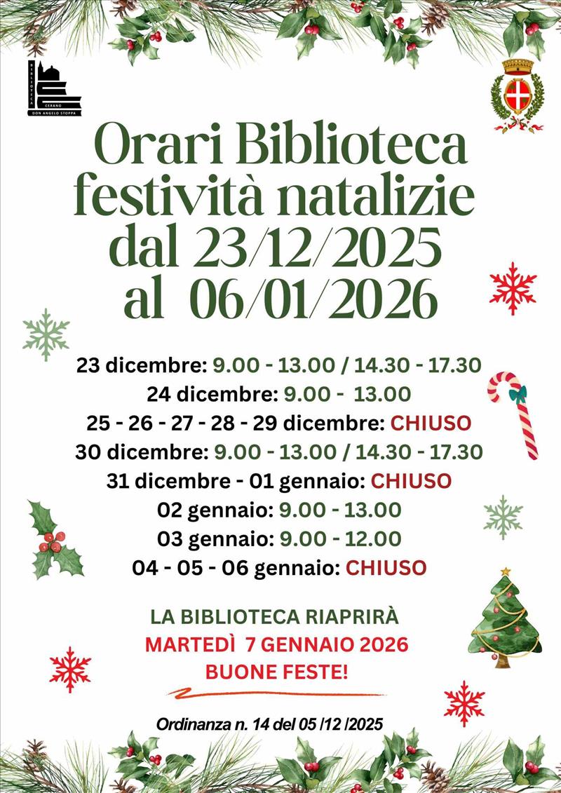 Cerano - Orari Biblioteca festività natalizie